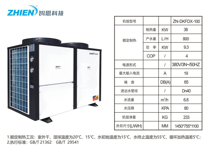 智恩空氣能商用熱水熱泵：10HP頂出風參數表